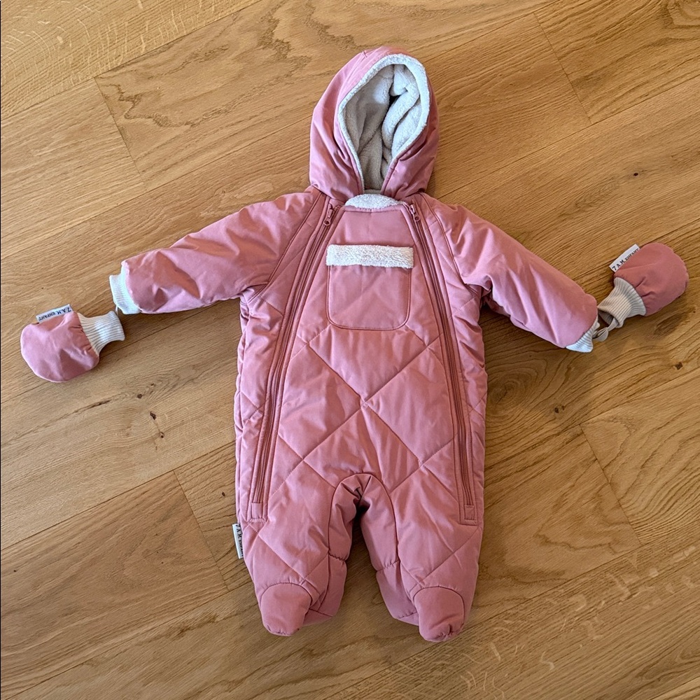 7AM Infant Pink Benji Plush Snowsuit with Mittens - Like New!